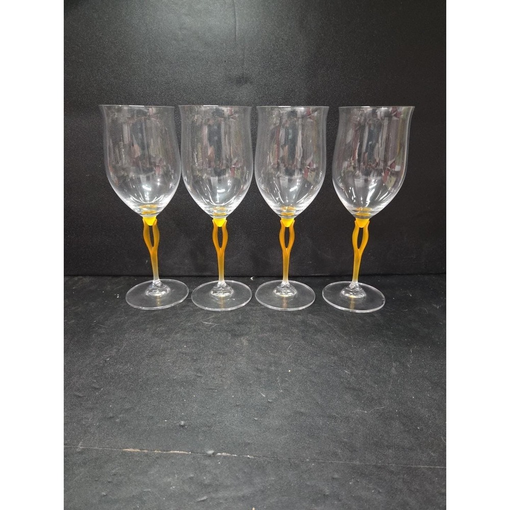 Mikasa Crystal‎ Tuscan Wine Glasses, Yellow Stem, Set of 4, Art Deco Drinkware - Picture 3 of 9